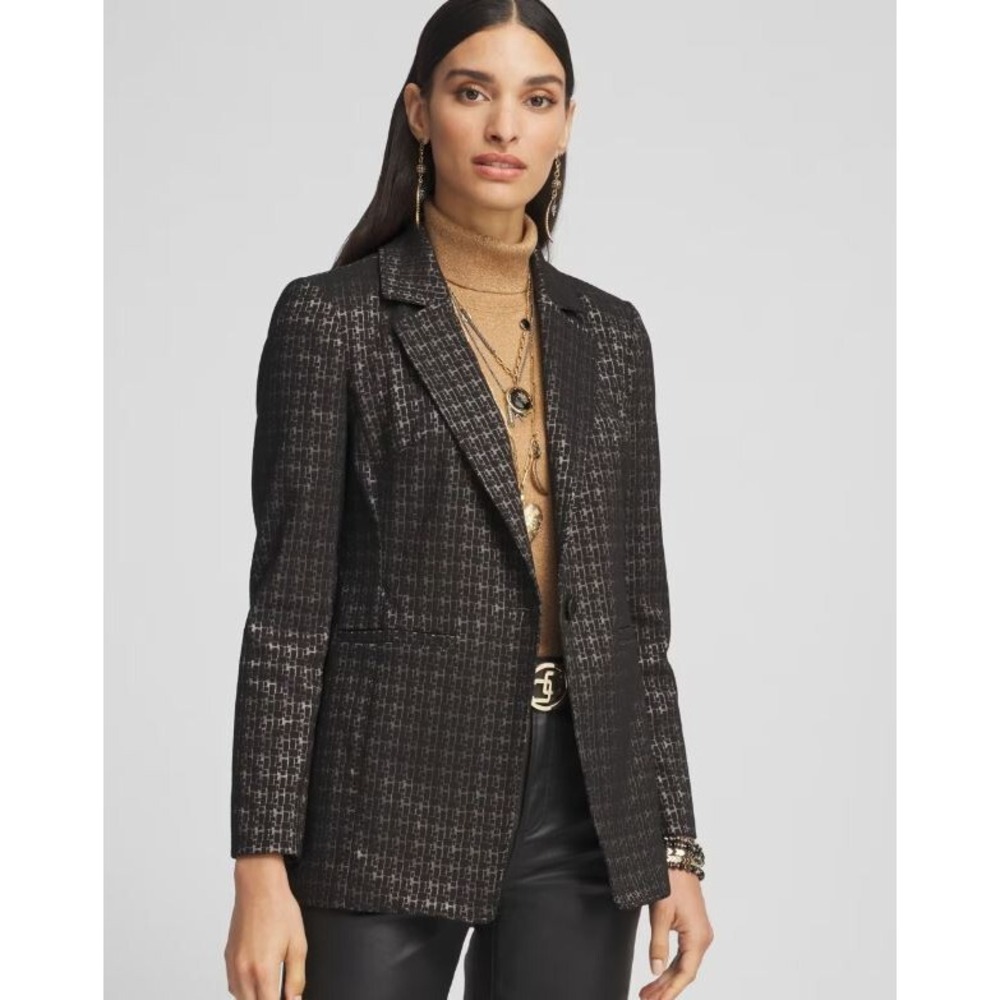 Chico's Brigitte Metallic Tiles Blazer Jacket Black Gold Size 2 L 570377877